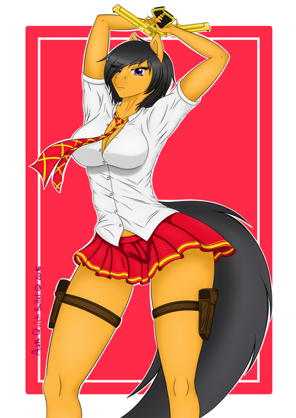 Size: 3400x4800 | Tagged: anthro, artist:askquickbullet, clothes, derpibooru import, desert eagle, female, gun, handgun, legs, miniskirt, oc, oc:quick bullet, pistol, pleated skirt, schoolgirl, skirt, solo, solo female, suggestive, thighs, unofficial characters only