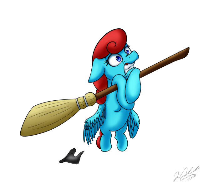 Size: 6197x5439 | Tagged: safe, artist:tsand106, derpibooru import, oc, oc:blue sing, unofficial characters only, pegasus, pony, absurd resolution, broom, flying, flying broomstick, hat, scared, simple background, solo, transparent background, wide eyes, witch hat