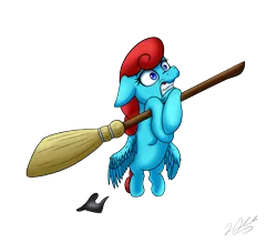 Size: 6197x5439 | Tagged: safe, artist:tsand106, derpibooru import, oc, oc:blue sing, unofficial characters only, pegasus, pony, absurd resolution, broom, flying, flying broomstick, hat, scared, simple background, solo, transparent background, wide eyes, witch hat