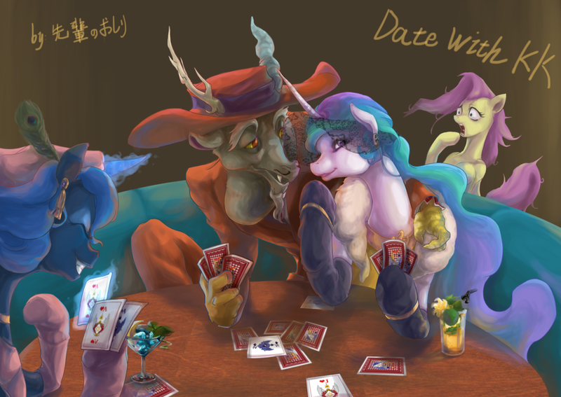 Size: 1024x726 | Tagged: artist:senpainooshiri, cay-cay, derpibooru import, discord, fluttershy, implied dislestia, infidelity, poker, princess celestia, princess luna, safe, zoot suit