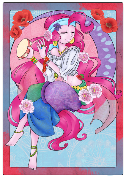 Size: 1024x1448 | Tagged: safe, artist:katrittaja, derpibooru import, pinkie pie, equestria girls, barefoot, clothes, eyes closed, feet, gypsy bard, modern art, nouveau, romani, solo