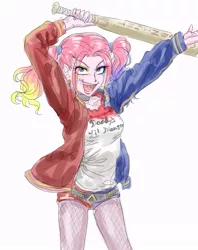 Size: 635x800 | Tagged: safe, artist:invisibleone11, derpibooru import, pinkie pie, equestria girls, baseball bat, clothes, cosplay, costume, cutie mark, cutie mark on equestria girl, harley quinn, midriff, pinkie quinn, simple background, suicide squad, white background