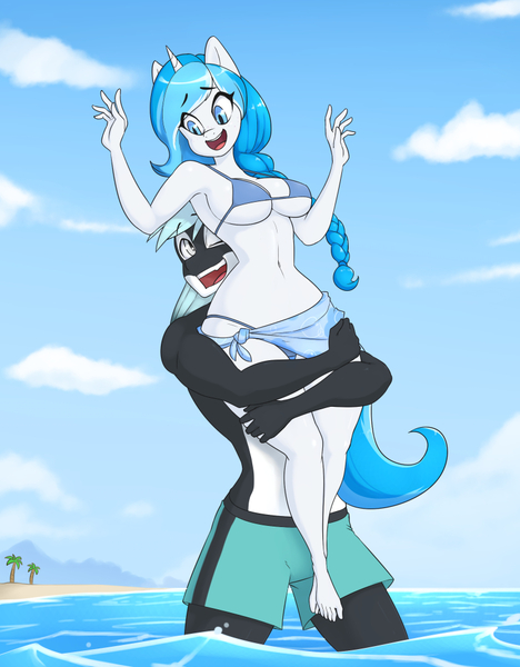 Size: 795x1020 | Tagged: suggestive, artist:skecchiart, derpibooru import, oc, oc:bubble lee, oc:imago, oc:mako, unofficial characters only, anthro, hybrid, orca pony, original species, plantigrade anthro, unicorn, anthro oc, armpits, barefoot, belly button, big breasts, bikini, breasts, clothes, couple, feet, female, makolee, male, oc x oc, partial nudity, shipping, straight, swimsuit, topless