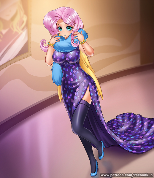 Size: 800x924 | Tagged: artist:racoonsan, beautiful, big breasts, breasts, busty fluttershy, clothes, cute, derpibooru import, dress, female, fluttershy, full body, high heels, human, humanized, impossible rack, impossibly rich, looking at you, safe, sexy, shyabetes, side slit, socks, solo, thigh highs, viva las pegasus