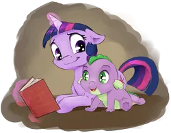 Size: 889x694 | Tagged: safe, artist:silfoe, derpibooru import, spike, twilight sparkle, dragon, pony, unicorn, royal sketchbook, baby, baby dragon, baby spike, book, book parody, charles darwin, cute, female, filly, filly twilight sparkle, magic, male, on the origin of species, open mouth, silfoe is trying to murder us, sitting, smiling, spikabetes, twiabetes, unicorn twilight, younger