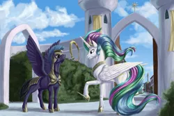 Size: 6000x4000 | Tagged: safe, artist:kirillk, derpibooru import, princess celestia, oc, oc:paladin colt, alicorn, pegasus, pony, absurd resolution, armor, canterlot, canterlot castle, female, guard, helmet, hoof shoes, magic, male, mare, royal guard, spread wings, stallion, telekinesis, wings