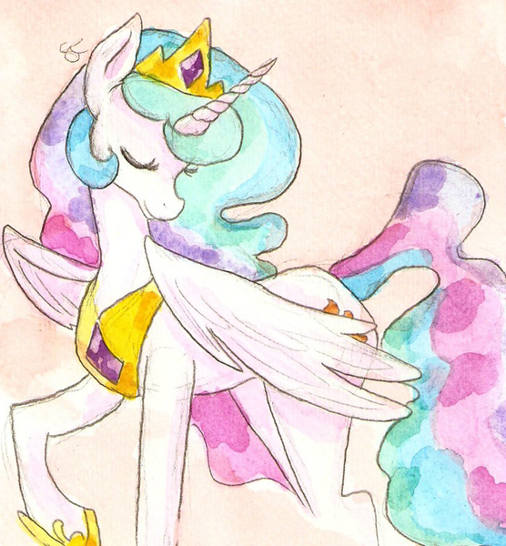 Size: 850x917 | Tagged: artist:chiuuchiuu, derpibooru import, eyes closed, princess celestia, safe, solo, traditional art, watercolor painting