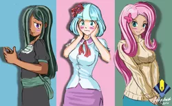 Size: 3336x2052 | Tagged: artist:penspark, blushing, breasts, busty coco pommel, busty fluttershy, clothes, cocobetes, coco pommel, cute, cutegirls, derpibooru import, female, fluttershy, human, humanized, looking at you, marblebetes, marble pie, moderate dark skin, safe, shyabetes, signature, smiling, sweater, sweatershy, the council of shy ponies, trio