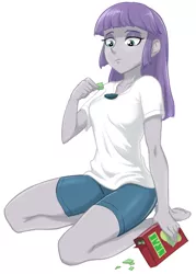 Size: 600x840 | Tagged: safe, artist:ta-na, derpibooru import, boulder (pet), maud pie, equestria girls, barefoot, box, clothes, feet, female, pet food, rock, shirt, shorts, simple background, solo, white background