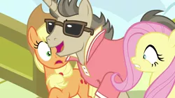 Size: 1920x1080 | Tagged: safe, derpibooru import, screencap, applejack, fluttershy, steeplechase, pony, viva las pegasus, popped collar