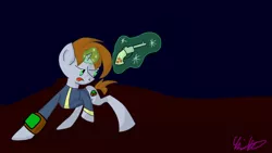 Size: 1920x1080 | Tagged: safe, artist:f1n4lw1sh, derpibooru import, oc, oc:littlepip, unofficial characters only, pony, unicorn, fallout equestria, fanfic, clothes, fanfic art, female, glowing horn, gun, handgun, horn, levitation, little macintosh, magic, mare, newbie artist training grounds, pipbuck, pistol, revolver, solo, telekinesis, vault suit, weapon