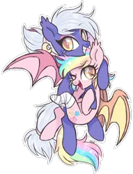 Size: 2368x3104 | Tagged: safe, artist:hawthornss, derpibooru import, oc, oc:moon sugar, oc:paper stars, unofficial characters only, bat pony, pony, amputee, cute, cute little fangs, ear fluff, eyeshadow, fangs, grin, looking at you, makeup, siblings, simple background, smiling, transparent background