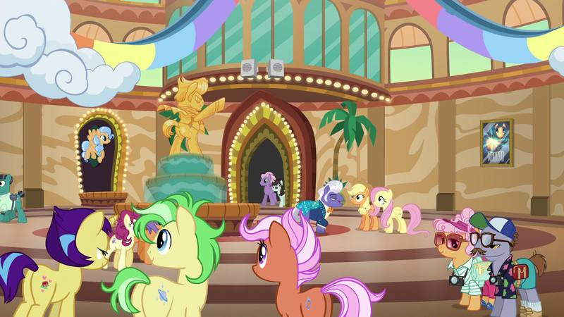 Size: 1920x1080 | Tagged: safe, derpibooru import, screencap, applejack, butterscotch sweets, chargrill breadwinner, country mile, dusty swift, fiery fricket, fluttershy, gladmane, horseshoe comet, lock heart, rosy pearl, saturn (character), sprout greenhoof, earth pony, pegasus, pony, unicorn, viva las pegasus, female, las pegasus resident, male, mare, stallion, tourist