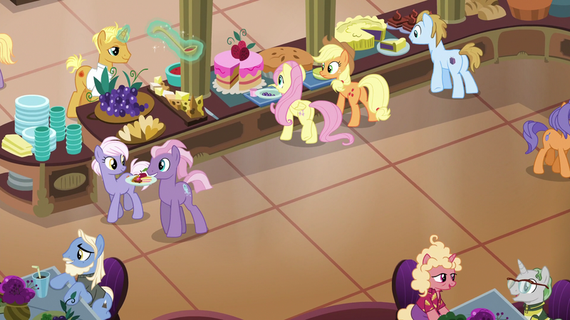 Size: 1920x1080 | Tagged: safe, derpibooru import, screencap, applejack, burning passion, fluttershy, frying pan (character), gourmand ramsay, horseshoe comet, opulence, summit point, unnamed pony, earth pony, pegasus, pony, unicorn, viva las pegasus, background pony, buffet, elderly, female, frying pan, gordon ramsay, las pegasus resident, magic, male, mare, shopping bags, stallion, telekinesis, tourist