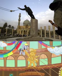 Size: 1920x2364 | Tagged: safe, derpibooru import, screencap, pony, viva las pegasus, comparison, saddam hussein, statue