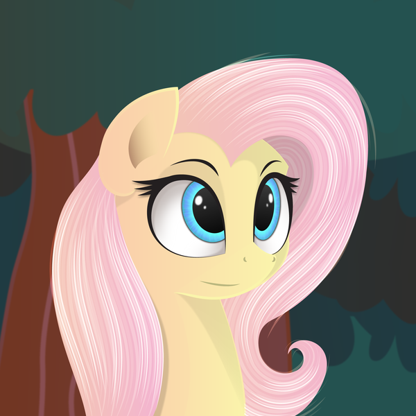 Size: 2000x2000 | Tagged: safe, artist:ivacatherianoid, derpibooru import, fluttershy, pegasus, pony, bust, female, forest, mare, portrait, smiling