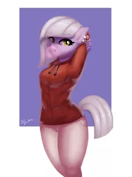 Size: 2000x2667 | Tagged: safe, artist:burgerkiss, derpibooru import, limestone pie, anthro, earth pony, arm behind head, bubblegum, clothes, ear piercing, earring, female, food, gum, hoodie, jewelry, looking at you, misleading thumbnail, not what it looks like, piercing, skintight clothes, solo