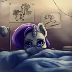 Size: 1000x1000 | Tagged: artist:kira-minami, bed, bedroom, behaving like a cat, blanket, cute, derpibooru import, looking at you, nightmare fuel, not creepy, peeking, raribetes, rarity, safe, she knows, solo, soon, stare, uncanny valley