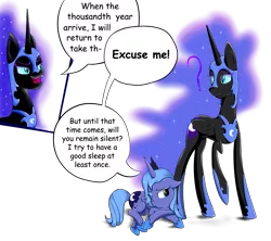 Size: 1800x1600 | Tagged: annoyed, artist:kiarawizard01, comic, derpibooru import, duality, filly, floppy ears, nightmare moon, princess luna, prone, s1 luna, safe, self ponidox, woona, younger