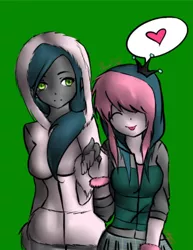 Size: 530x687 | Tagged: safe, artist:renshadowlily, derpibooru import, queen chrysalis, oc, oc:fluffle puff, human, canon x oc, chrysipuff, clothes, female, heart, holding hands, hoodie, humanized, lesbian, plaid, pleated skirt, pony coloring, shipping, skirt, tongue out