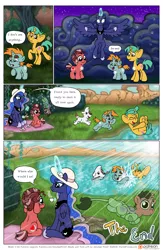 Size: 1300x2000 | Tagged: artist:smudge proof, breaking the fourth wall, bubble, cake, cake cake, cannonball, comic, comic:heads and tails, crepuscular rays, derpibooru import, dog, everfree forest, food, forest, lake, looking at you, magic, oc, oc:halcyon, oc:tails, original species, patreon, patreon logo, princess luna, princess of the night mode, safe, skinny dipping, snails, snips, stick, water, wet