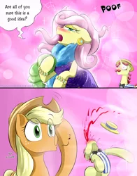 Size: 1050x1339 | Tagged: suggestive, artist:phuocthiencreation, derpibooru import, applejack, flam, flim, fluttershy, earth pony, pony, unicorn, viva las pegasus, beautiful, blood, blushing, bow, bowtie, bracelet, clothes, comic, cute, dialogue, ear piercing, female, flim flam brothers, freckles, hat, impossibly rich, jewelry, male, mare, nosebleed, open mouth, piercing, shyabetes, stallion