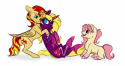 Size: 1077x569 | Tagged: safe, artist:silentartist137, derpibooru import, sunset shimmer, oc, oc:amethyst creates, oc:topaz glimmer, alicorn, pony, alicornified, canon x oc, cute, female, filly, hug, offspring, parent:oc:amethyst creates, parent:sunset shimmer, parents:canon x oc, race swap, shimmerbetes, shimmercorn, shipping