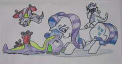 Size: 753x397 | Tagged: safe, artist:hillbe, derpibooru import, rarity, spike, oc, dracony, hybrid, interspecies offspring, male, newbie artist training grounds, offspring, parent:rarity, parent:spike, parents:sparity, roller skates, shipping, skateboard, sparity, straight, sunglasses, traditional art