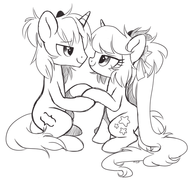 Size: 2736x2584 | Tagged: safe, artist:hawthornss, derpibooru import, oc, oc:seren, oc:seren song, oc:spikefire, unofficial characters only, pony, unicorn, cute, long mane, male, monochrome, shipping, sitting, straight, twintails