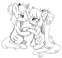 Size: 2736x2584 | Tagged: safe, artist:hawthornss, derpibooru import, oc, oc:seren, oc:seren song, oc:spikefire, unofficial characters only, pony, unicorn, cute, long mane, male, monochrome, shipping, sitting, straight, twintails