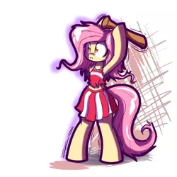 Size: 1280x1280 | Tagged: safe, artist:heir-of-rick, derpibooru import, fluttershy, bat pony, pony, semi-anthro, baseball bat, bipedal, cheerleader, clothes, cute, flutterbat, midriff, newbie artist training grounds, pleated skirt, pun, race swap, shyabates, shyabetes, skirt, solo, tanktop, torn clothes, visual pun