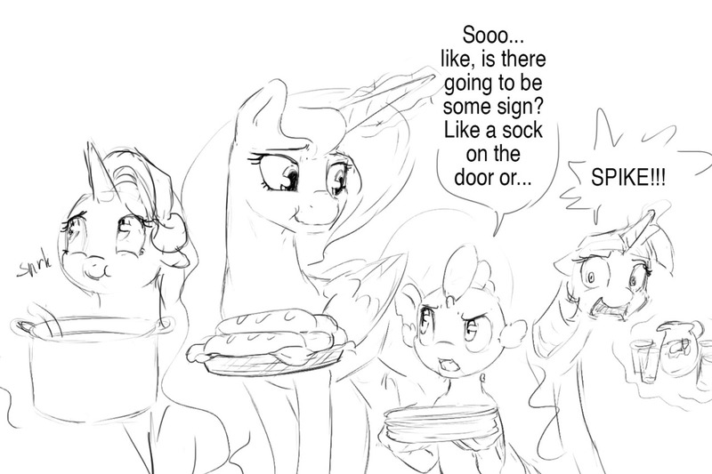 Size: 1280x853 | Tagged: suggestive, artist:silfoe, derpibooru import, princess luna, spike, starlight glimmer, twilight sparkle, twilight sparkle (alicorn), alicorn, dragon, pony, other royal book, royal sketchbook, black and white, dialogue, embarrassed, female, floppy ears, grayscale, lesbian, levitation, magic, male, monochrome, scrunchy face, shipping, simple background, sketch, smirk, speech bubble, telekinesis, twiluna, white background