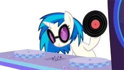 Size: 14849x8348 | Tagged: safe, artist:cyanlightning, derpibooru import, vinyl scratch, pony, unicorn, the saddle row review, .svg available, absurd resolution, female, glasses, mare, simple background, solo, speakers, transparent background, turntable, vector, vinyl