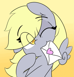 Size: 923x954 | Tagged: safe, artist:lockheart, derpibooru import, derpy hooves, pegasus, pony, :3, animated, blinking, chibi, cute, derpabetes, female, floating wings, gif, heart, letter, love letter, mare, mouth hold, one eye closed, simple background, smiling, solo, wink, yellow background