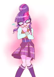 Size: 1238x1759 | Tagged: safe, artist:monon0, derpibooru import, sci-twi, twilight sparkle, equestria girls, blushing, book, clothes, cute, glasses, moe, open mouth, pleated skirt, skirt, socks, solo
