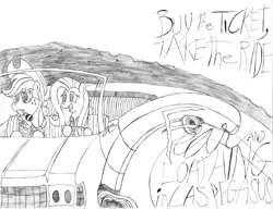 Size: 6600x5100 | Tagged: absurd resolution, applejack, artist:algernon97, derpibooru import, fear and loathing in las vegas, fluttershy, monochrome, movie poster, parody, safe, text, traditional art