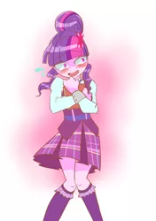 Size: 1238x1759 | Tagged: safe, artist:monon0, derpibooru import, sci-twi, twilight sparkle, equestria girls, blushing, clothes, crystal prep academy uniform, cute, moe, nervous, pleated skirt, school uniform, skirt, solo