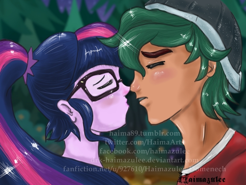 Size: 1024x768 | Tagged: safe, artist:drk-haimazulee, derpibooru import, sci-twi, timber spruce, twilight sparkle, equestria girls, legend of everfree, forest, glasses, hilarious in hindsight, imminent kissing, kissing, male, night, ponytail, shipping, straight, timbertwi, watermark