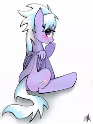 Size: 768x1024 | Tagged: suggestive, artist:doriponi, artist:yorozpony, derpibooru import, cloudchaser, pegasus, pony, blushing, ear fluff, female, hoof licking, licking, looking at you, looking back, looking back at you, mare, simple background, solo, tongue out, white background