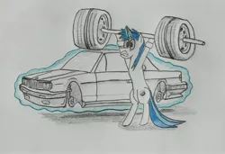 Size: 4424x3020 | Tagged: artist:bumskuchen, car, derpibooru import, levitation, magic, newbie artist training grounds, oc, ponysona, safe, solo, telekinesis, traditional art, unofficial characters only, weights