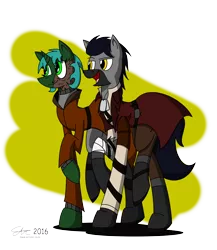 Size: 3700x4266 | Tagged: safe, artist:derpanater, derpibooru import, oc, oc:bountiful heart, oc:jumping jack, unofficial characters only, earth pony, pony, unicorn, fallout equestria, absurd resolution, bandage, beard, boots, clothes, coat, commission, digital art, dog tags, duo, eyeroll, facial hair, jacket, scar, scarred, shading, signature, simple background, smiling, sweater, walking