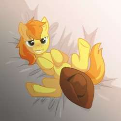 Size: 1500x1500 | Tagged: artist:resuku, bed, bedroom eyes, blushing, braeburn, censored, covering, derpibooru import, hat, hat censor, looking at you, male, on back, solo, solo male, spreading, spread legs, strategically covered, stupid sexy braeburn, suggestive