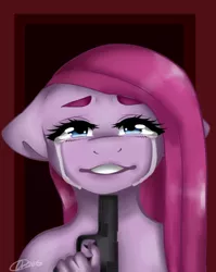 Size: 458x574 | Tagged: anthro, artist:alliedrawsart, crying, derpibooru import, gun, imminent death, imminent suicide, pinkamena diane pie, pinkie pie, semi-grimdark, solo, weapon