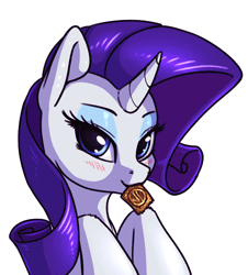 Size: 361x400 | Tagged: suggestive, artist:shydale, derpibooru import, rarity, pony, unicorn, animated, bedroom eyes, blinking, bust, condom, condom in mouth, curved horn, female, gif, horn, looking at you, mare, mouth hold, portrait, simple background, solo, transparent background