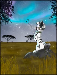Size: 976x1296 | Tagged: safe, artist:niniibear, derpibooru import, oc, unofficial characters only, giraffe, zebra, acacia tree, aurora borealis, beautiful, commission, cute, eyelashes, female, happy, image, mare, music notes, night, outdoors, plot, png, pretty, savanna, singing, sitting, solo, tree, zebra oc