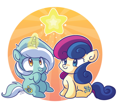 Size: 400x375 | Tagged: safe, artist:xkappax, derpibooru import, bon bon, lyra heartstrings, sweetie drops, earth pony, pony, unicorn, adorabon, chibi, cute, female, filly, filly bon bon, filly lyra, foal, glowing horn, horn, levitation, lyrabetes, magic, telekinesis, younger