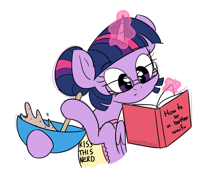 Size: 791x691 | Tagged: safe, artist:sweetfilthyfun, derpibooru import, twilight sparkle, twilight sparkle (alicorn), alicorn, pony, 30 minute art challenge, adorkable, apron, book, clothes, cooking, cute, dork, glasses, solo, twiabetes, waifu