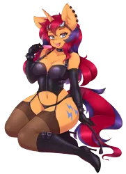 Size: 2600x3600 | Tagged: suggestive, alternate version, artist:thescarletdevil, derpibooru import, oc, oc:sweet voltage, unofficial characters only, anthro, plantigrade anthro, unicorn, anthro oc, bedroom eyes, black underwear, breasts, buckle, choker, cleavage, clothes, curvy, dominatrix, ear piercing, earring, evening gloves, female, food, garters, gloves, goggles, high heel boots, ice cream, jewelry, leather, long gloves, looking at you, piercing, riding crop, seductive look, seductive pose, sexy, simple background, spiked choker, stockings, tongue out, transparent background, underwear, wide hips, ych result