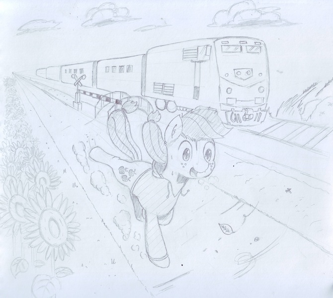 Size: 3684x3298 | Tagged: applejack, artist:periodicbrony, clothes, cloud, derpibooru import, flower, ge genesis, hatless, hoodie, leaf, locomotive, missing accessory, newbie artist training grounds, railroad, railroad crossing, running, safe, solo, traditional art, train