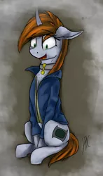 Size: 1126x1920 | Tagged: safe, artist:hispushkaa, derpibooru import, oc, oc:littlepip, unofficial characters only, pony, unicorn, fallout equestria, fanfic, abstract background, clothes, collar, cutie mark, fanfic art, female, floppy ears, hooves, horn, mare, open mouth, pipbuck, sitting, solo, vault suit